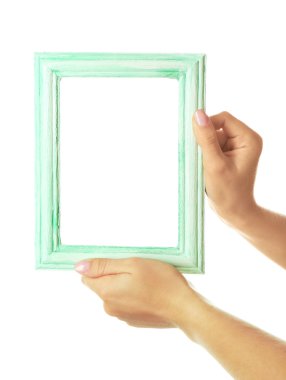 Ahşap çerçeve, beyaz izole kadın elle