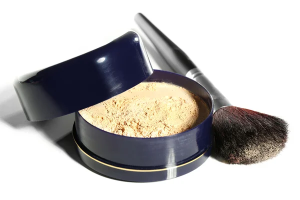 Jar with loose cosmetic powder and makeup brush, isolated on white — Stock Photo, Image