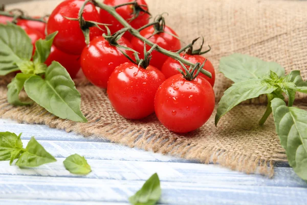 Fresh tomatoes with basil on wooden table close up — Stock Photo, Image