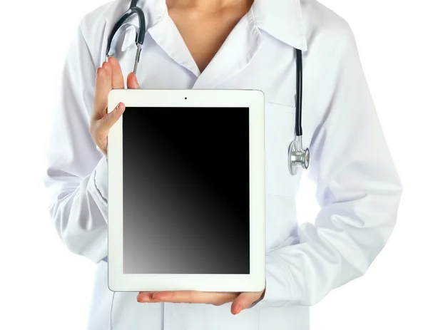 Medico con stetoscopio e tablet digitale, isolato su bianco — Foto Stock