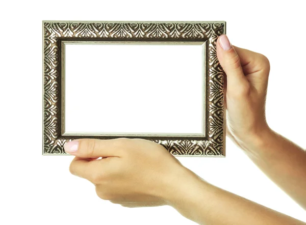 Vrouwelijke handen met houten frame, geïsoleerd op wit — Stockfoto