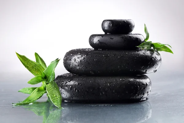 Stack of wet spa stones with green leaves on gray background — Stock Photo, Image