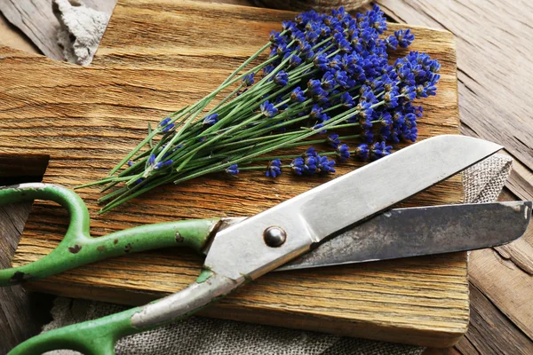 Fresh lavender with rope and scissors on wooden cutting board, closeup — Stock Photo, Image