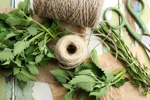 Leaves of lemon balm with rope and scissors on sackcloth, closeup — Stock Photo, Image