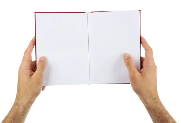 Mãos masculinas segurando livro isolado em branco — Fotografia de Stock