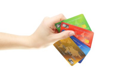 kredi kartları, üzerinde beyaz izole tutan el