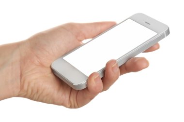 Mobil akıllı telefon üzerinde beyaz izole tutan el