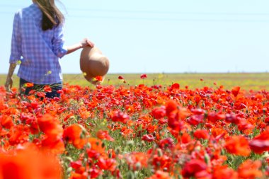 Haşhaş sahada mavi gökyüzü arka plan üzerinde yürüyen kadın