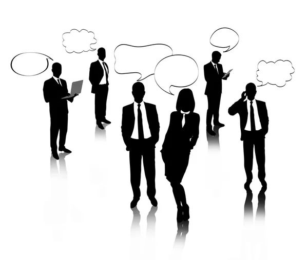 Silhouettes of business people with speech bubble isolated on white — Stock Photo, Image