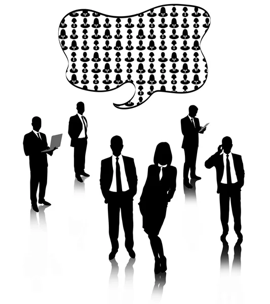 Silhouettes of business people with speech bubble isolated on white — Stock Photo, Image