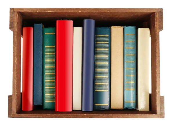 Books in wooden box, top view — Stock Photo, Image