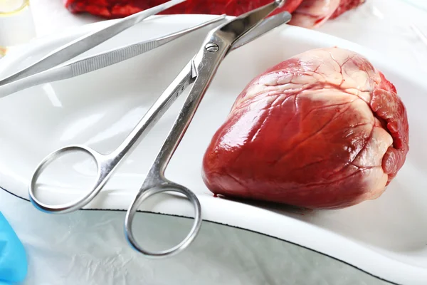 Heart organ in medical metal tray with tools on table close up — Stock Photo, Image