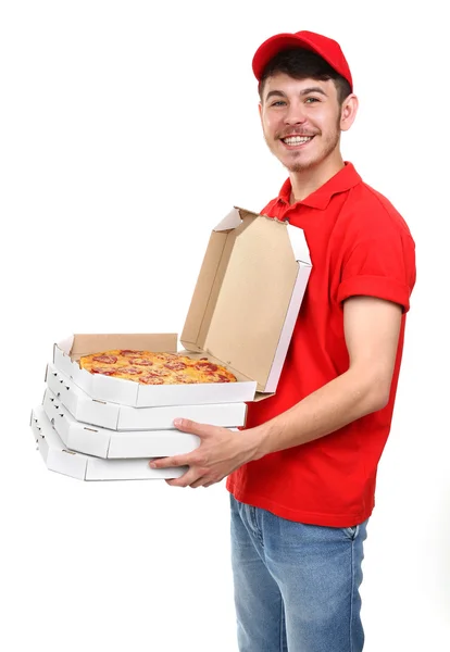 Delivery boy with cardboard pizza box isolated on white — Stock Photo, Image