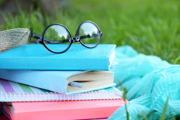 Livros, copos e bebida na grama close-up — Fotografia de Stock