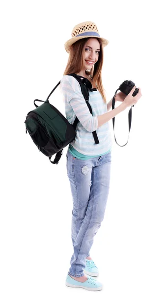 Reisende mit Kamera isoliert auf weiß — Stockfoto