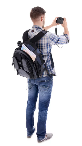 Traveler with camera isolated on white — Stock Photo, Image