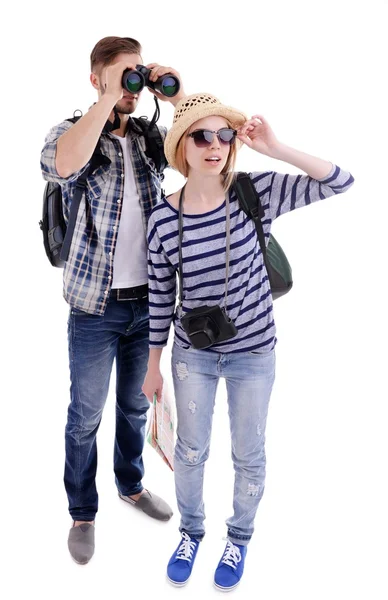 Paire de voyageurs avec jumelles isolées sur blanc — Photo