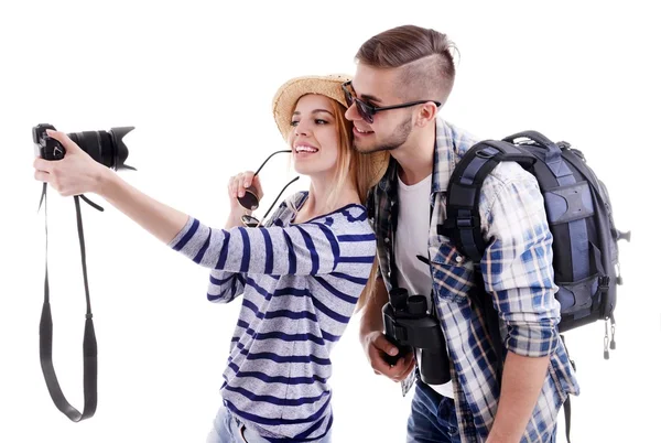 Pair of travelers with camera isolated on white — Stock Photo, Image