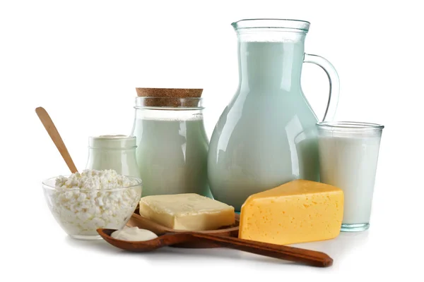 Mléčné výrobky, izolované na bílém — Stock fotografie