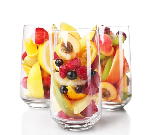 Fresh fruits salad in glasses isolated on white — Stock Photo, Image