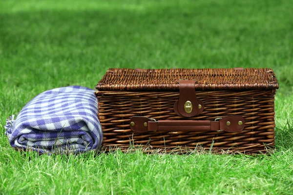 Wiklinowy kosz piknikowy i pled na zielonej trawie, na zewnątrz — Zdjęcie stockowe