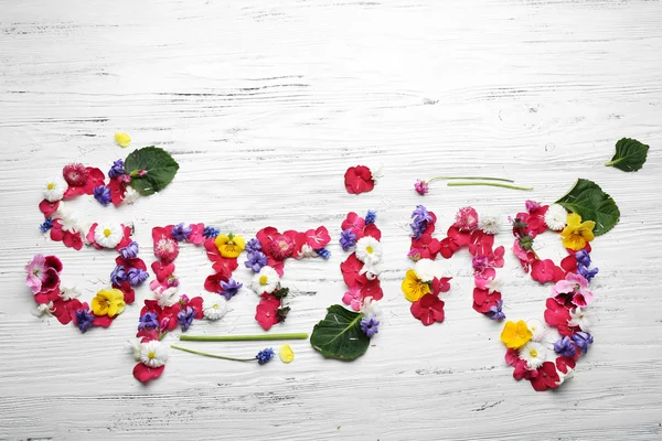 Wort Frühling aus bunten Blütenblättern frischer Blumen auf hölzernem Hintergrund — Stockfoto