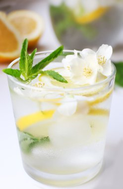 Soğuk ferahlatıcı yaz içeceği nane ile bardak ve masada limon dilimleri kapat