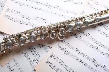 Müzik Not arka planı üzerinde gümüş flüt