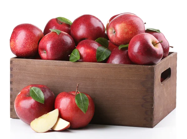 Red apples in wooden crate isolate on white — Stock Photo, Image