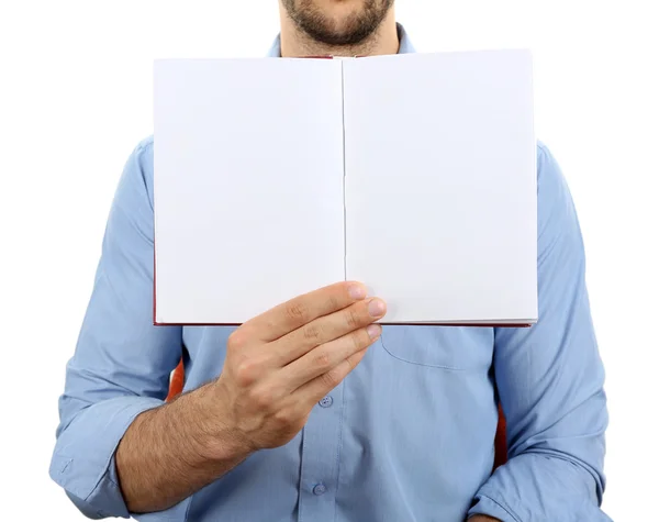Άνθρωπος που κρατά το βιβλίο που απομονώνονται σε λευκό — Φωτογραφία Αρχείου