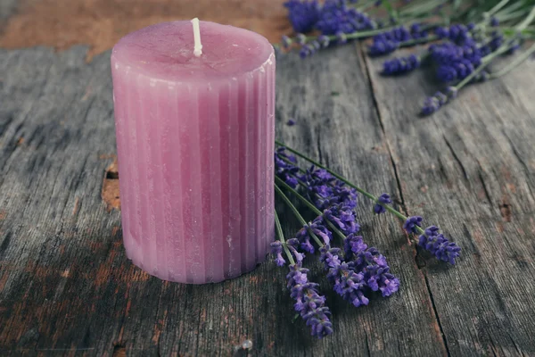 Ljus med lavendel blommor — Stockfoto