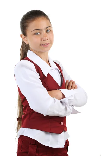 Belle petite fille en uniforme scolaire isolé sur blanc — Photo