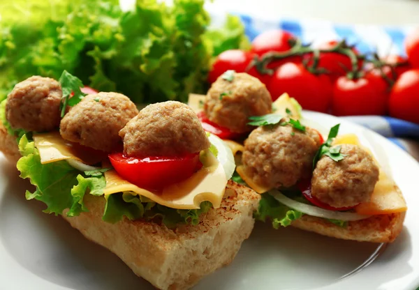 Meatball Sandwiches on wooden table background — Stock Photo, Image