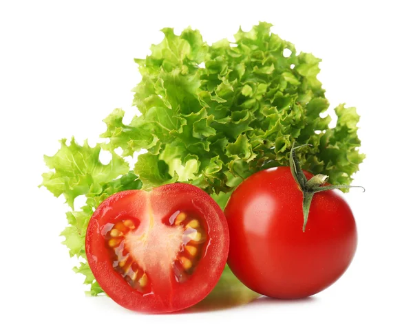 Fresh tomato and lettuce isolated on white — Stock Photo, Image