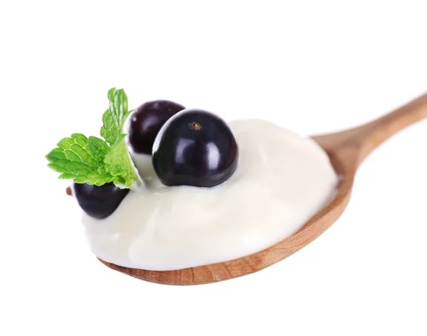 Delicious yogurt in spoon with blackcurrants and mint isolated on white — Stock Photo, Image