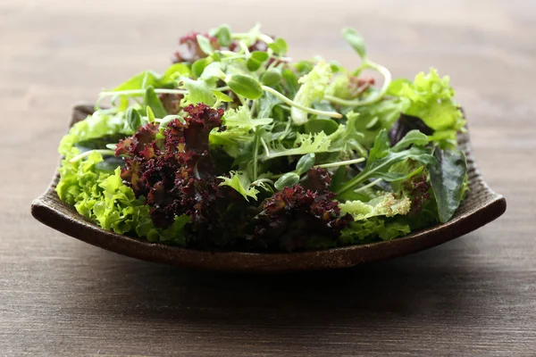 Prato de salada verde mista fresca na mesa de madeira close-up — Fotografia de Stock