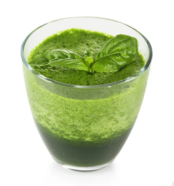 Glass of green vegetable juice with basil isolated on white — Stock Photo, Image