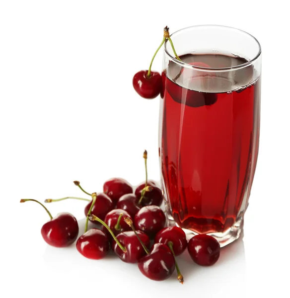 Glass of fresh juice with cherries isolated on white — Stock Photo, Image