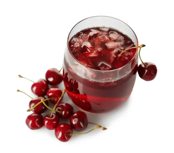 Glass of fresh juice with cherries isolated on white — Stock Photo, Image