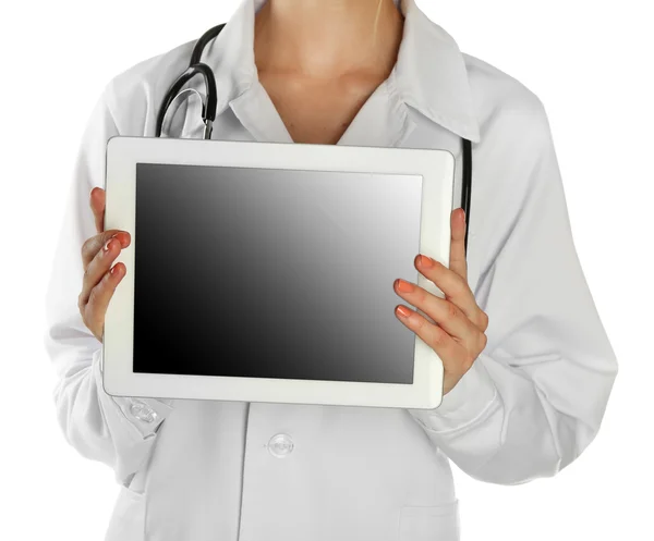 Doctor with stethoscope and digital tablet, isolated on white — Stock Photo, Image