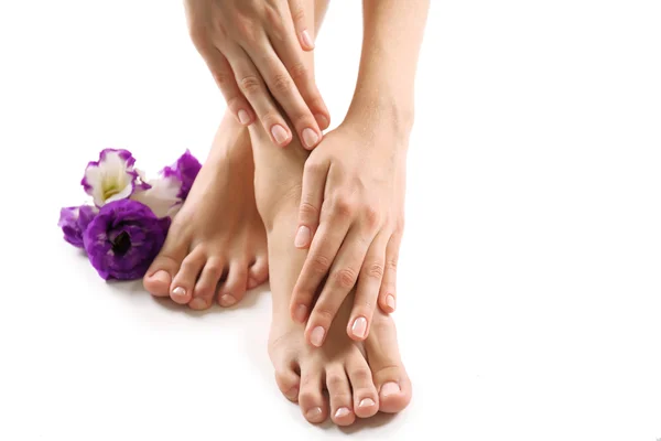 Female feet at spa pedicure procedure with flower isolated on white — Stock Photo, Image