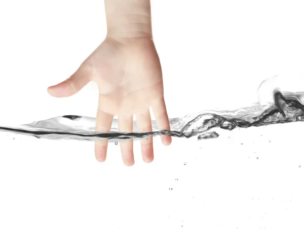Mão e respingo de onda de água pura isolado em branco — Fotografia de Stock