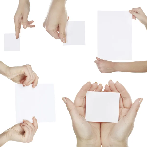 Mains tenant des cartes blanches isolées sur blanc — Photo