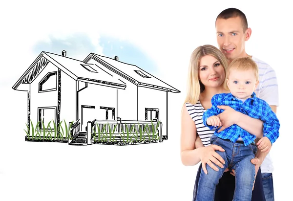 Молодая семья и дом рисунок изолирован на белом — стоковое фото