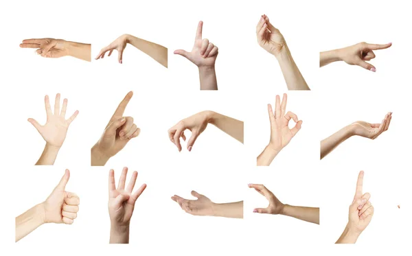 Κολάζ των χεριών που δείχνει διάφορες χειρονομίες, απομονωμένα σε λευκό — Φωτογραφία Αρχείου