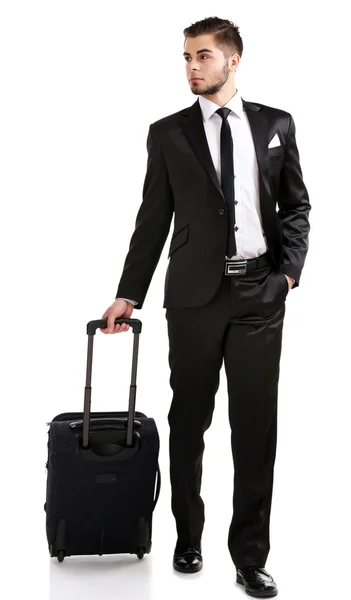 Homem elegante em terno com mala isolada em branco — Fotografia de Stock
