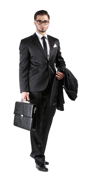 Elegante hombre de traje con maletín aislado en blanco — Foto de Stock