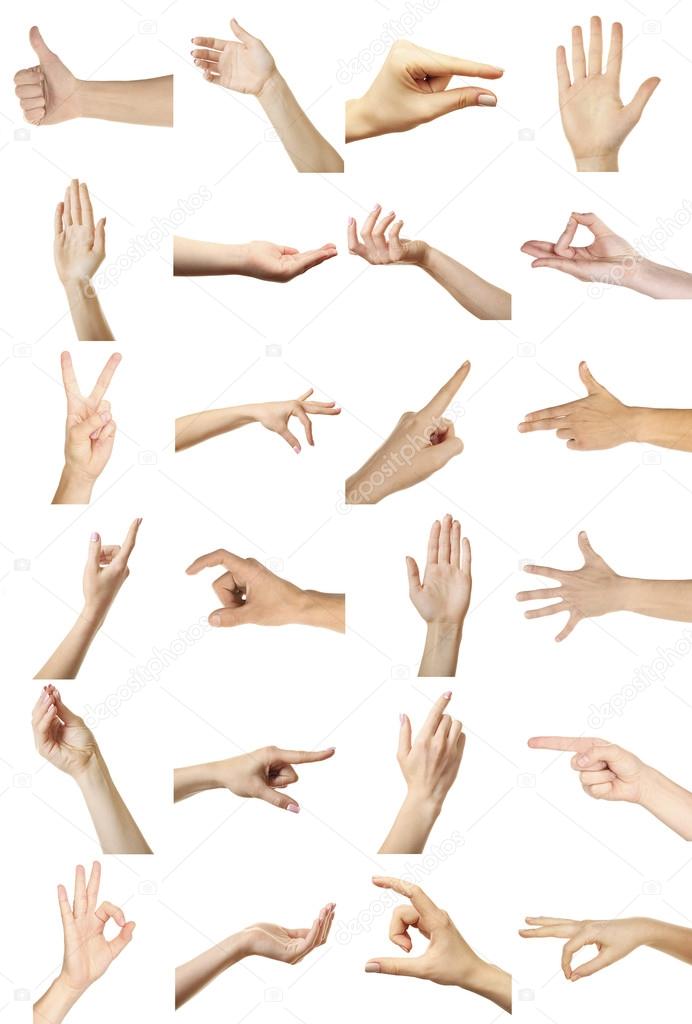 Collage of  hands showing different gestures, isolated on white