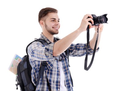 Gezgin üzerinde beyaz izole kamera ile