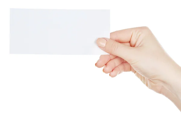 Hand holding blank card isolated on white — Stock Photo, Image